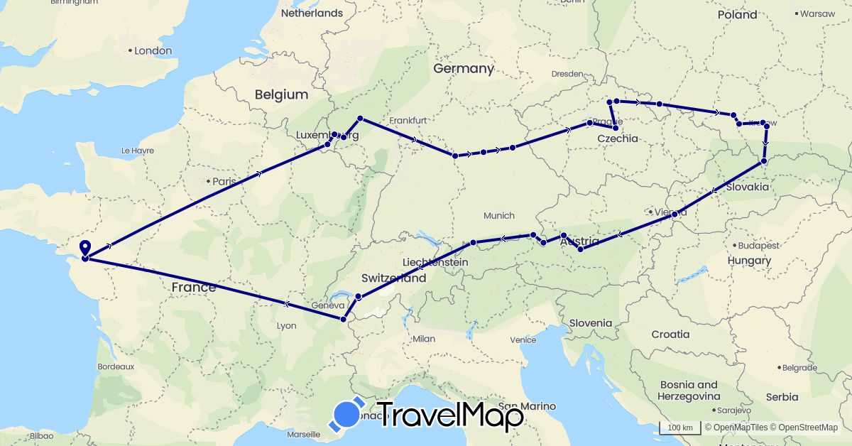 TravelMap itinerary: driving in Austria, Switzerland, Czech Republic, Germany, France, Luxembourg, Poland, Slovakia (Europe)